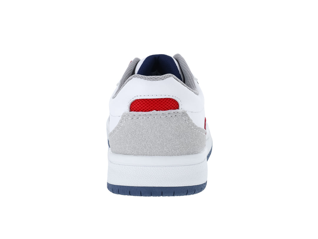 Tenis infantiles Guany color blanco con detalles en azul, rojo y gris.