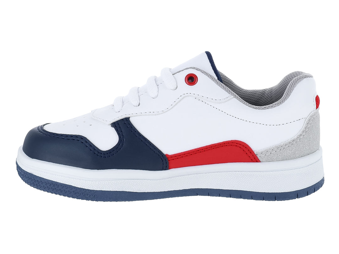 Tenis infantiles Guany color blanco con detalles en azul, rojo y gris.