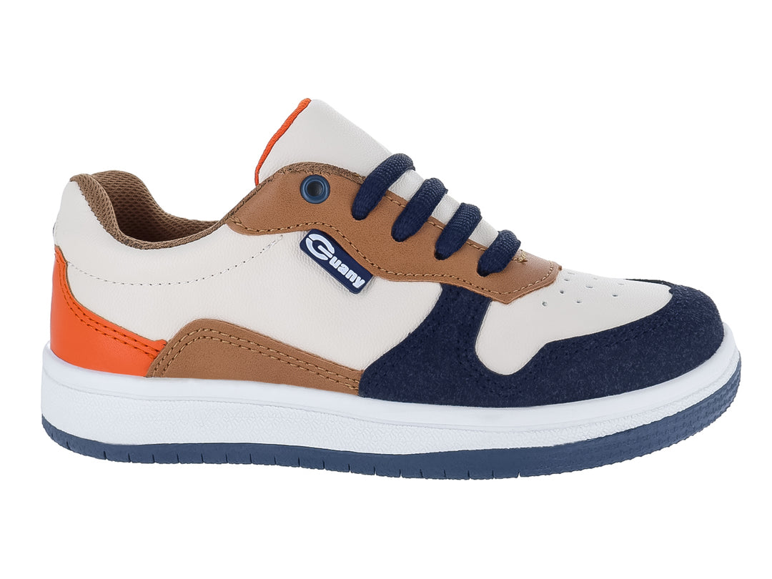 Tenis infantiles multicolor en tonos crema, azul marino y naranja con suela blanca y cordones azules.