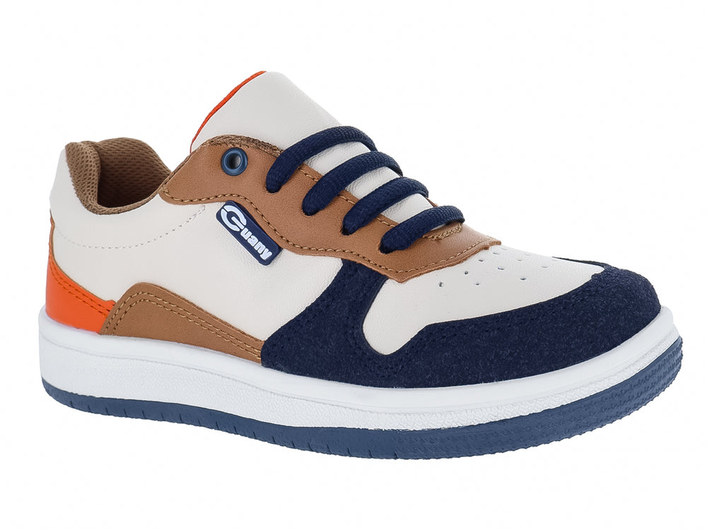 Tenis infantiles multicolor en tonos crema, azul marino y naranja con suela blanca y cordones azules.