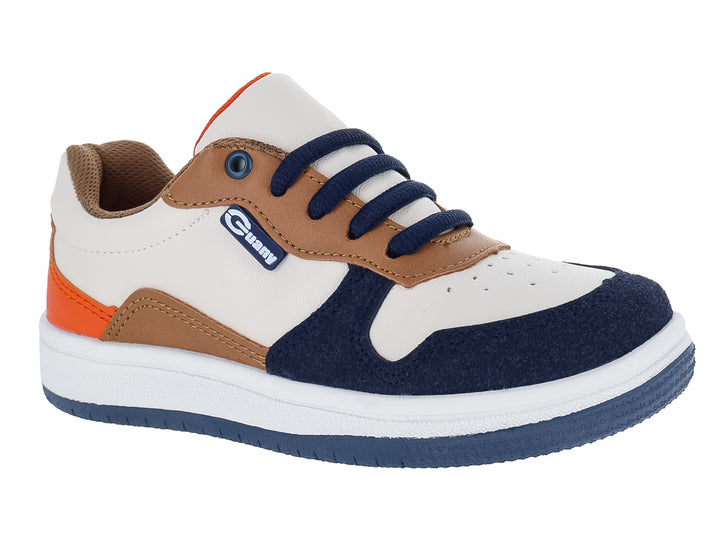Tenis infantiles multicolor en tonos crema, azul marino y naranja con suela blanca y cordones azules.