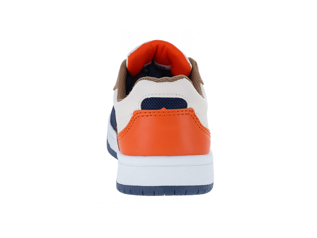 Tenis infantiles multicolor en tonos crema, azul marino y naranja con suela blanca y cordones azules.