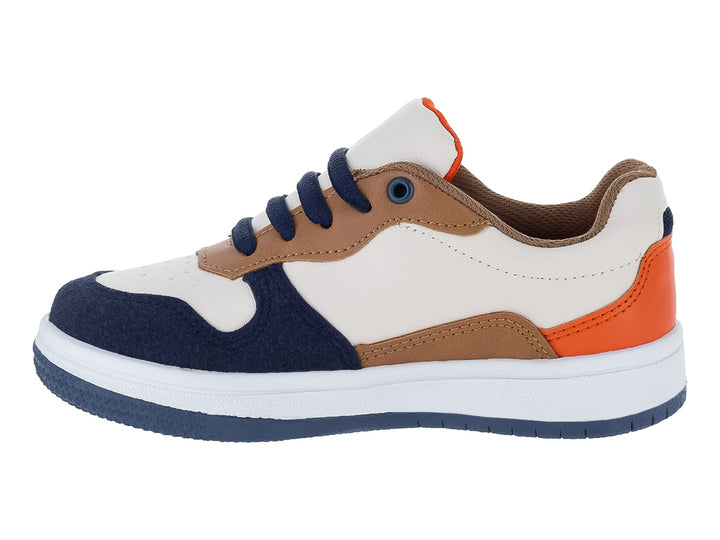 Tenis infantiles multicolor en tonos crema, azul marino y naranja con suela blanca y cordones azules.