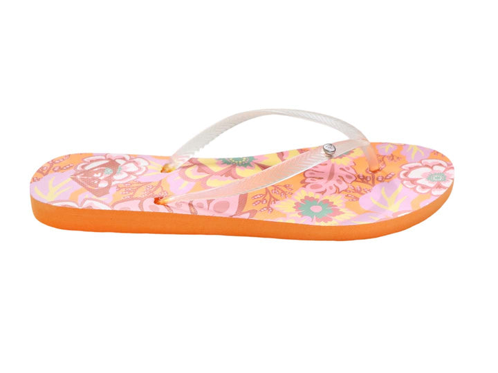 Sandalias tipo flip-flop Roxy con estampado floral en tonos naranja y rosa y suela color naranja.