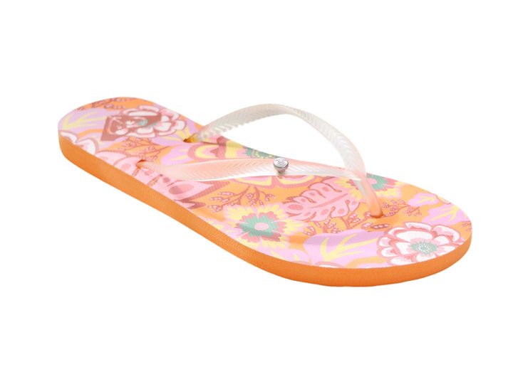 Sandalias tipo flip-flop Roxy con estampado floral en tonos naranja y rosa y suela color naranja.