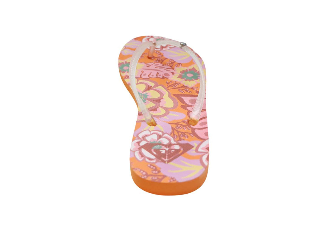 Sandalias tipo flip-flop Roxy con estampado floral en tonos naranja y rosa y suela color naranja.