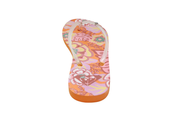 Sandalias tipo flip-flop Roxy con estampado floral en tonos naranja y rosa y suela color naranja.