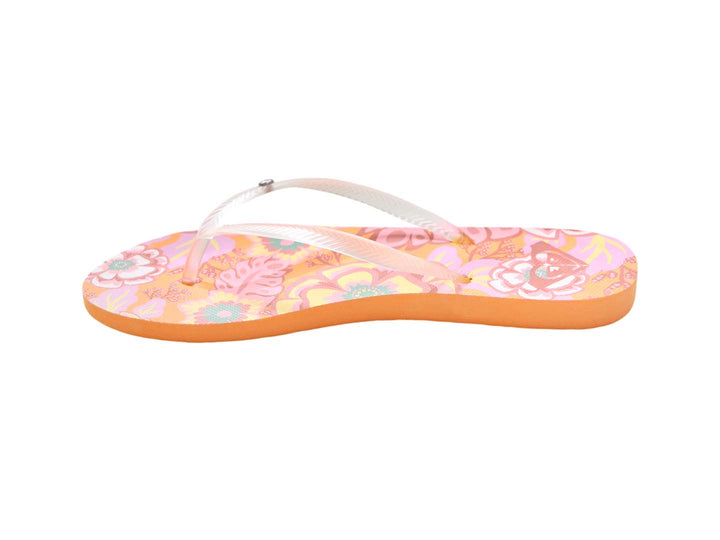Sandalias tipo flip-flop Roxy con estampado floral en tonos naranja y rosa y suela color naranja.