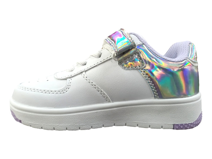 Tenis blancos K-Swiss con detalles iridiscentes y cierre de velcro para niña.