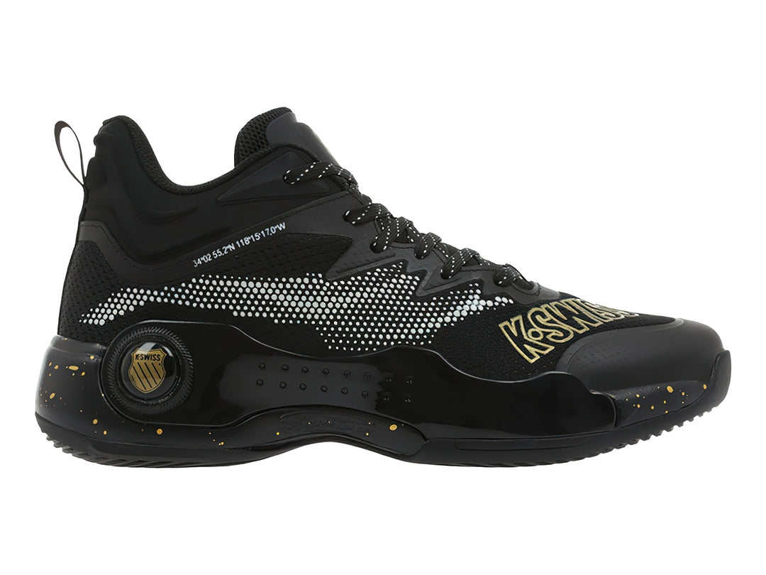 Tenis deportivos K-Swiss color negro con detalles dorados y patrón de puntos blancos.
