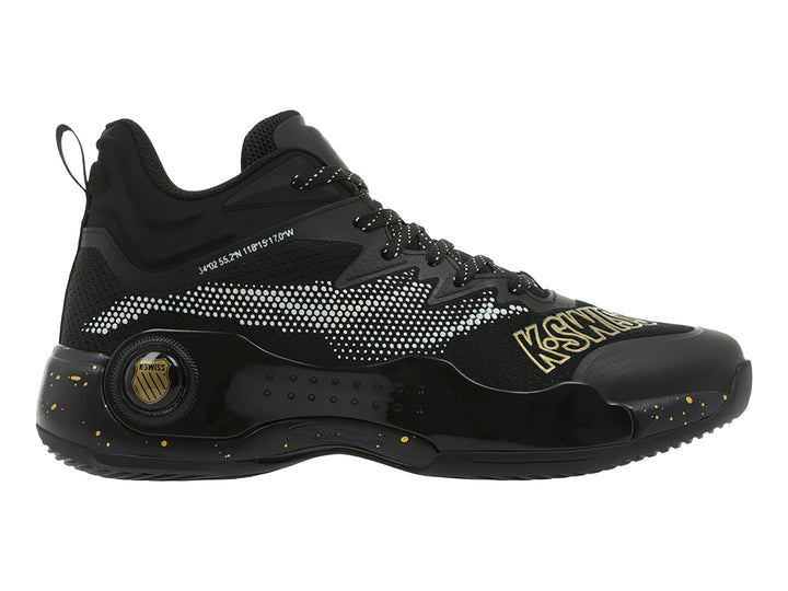 Tenis deportivos K-Swiss color negro con detalles dorados y patrón de puntos blancos.