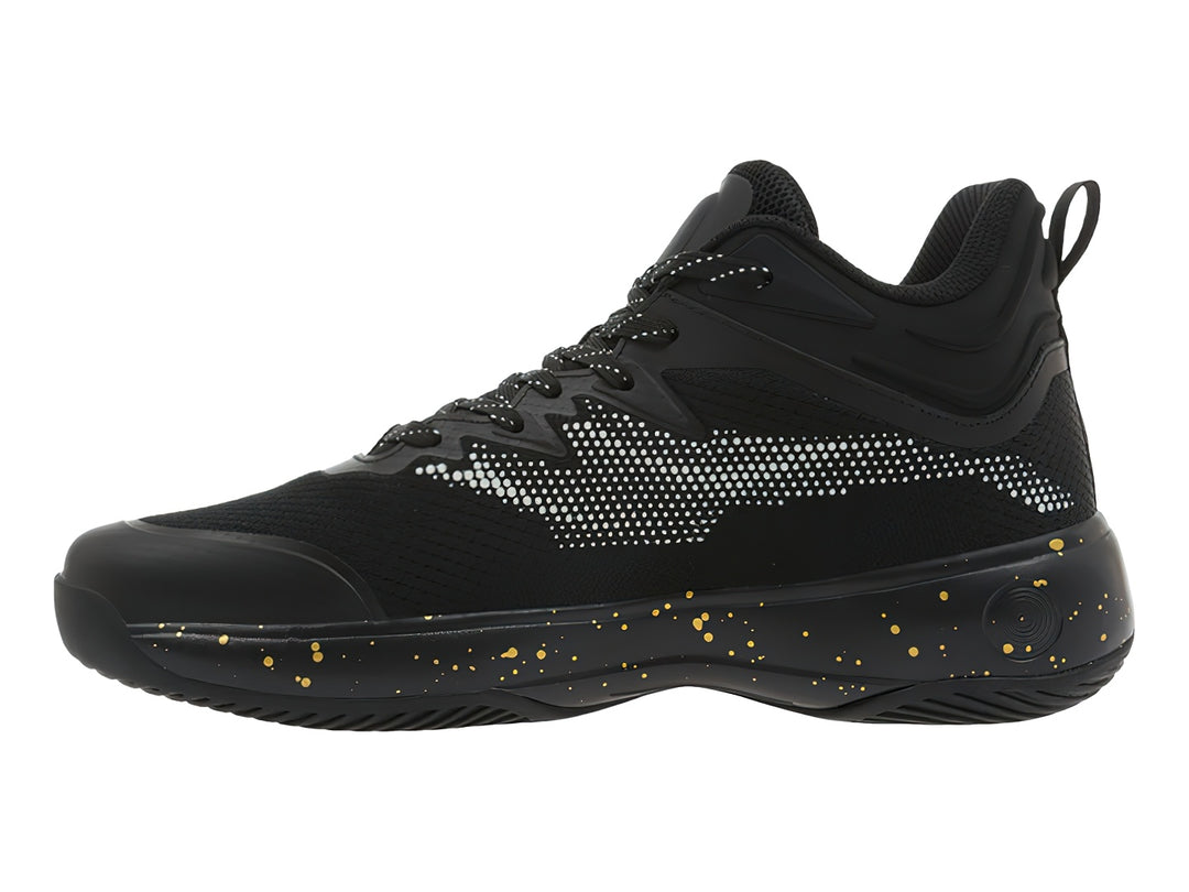 Tenis deportivos K-Swiss color negro con detalles dorados y patrón de puntos blancos.