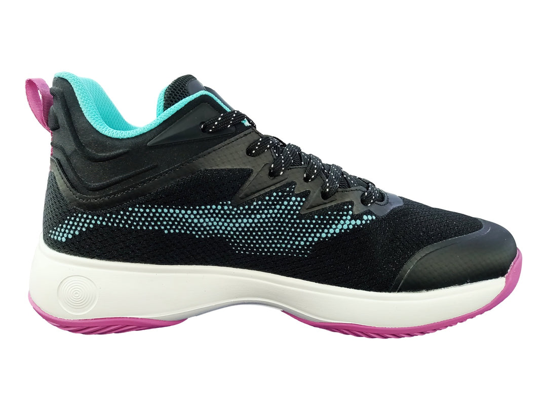 Tenis deportivos K-Swiss color negro con detalles en aqua y rosa, suela blanca y tejido transpirable.