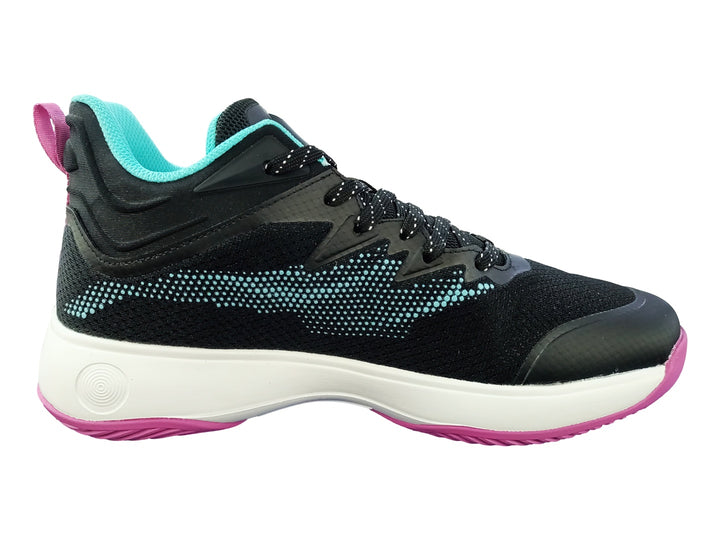 Tenis deportivos K-Swiss color negro con detalles en aqua y rosa, suela blanca y tejido transpirable.