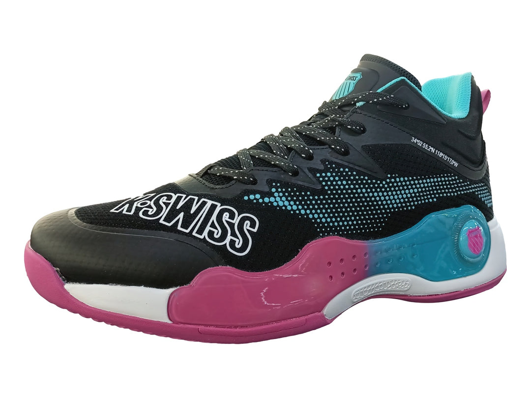 Tenis deportivos K-Swiss color negro con detalles en aqua y rosa, suela blanca y tejido transpirable.