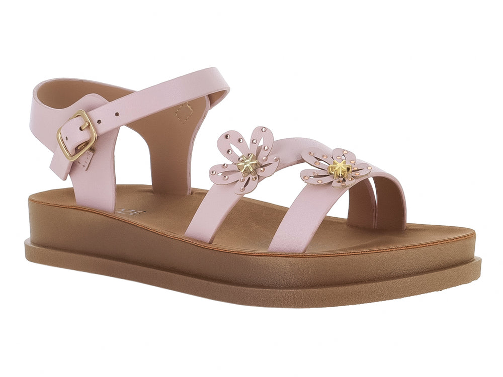 Sandalias color rosa con plataforma café y adornos de flores en la parte frontal.