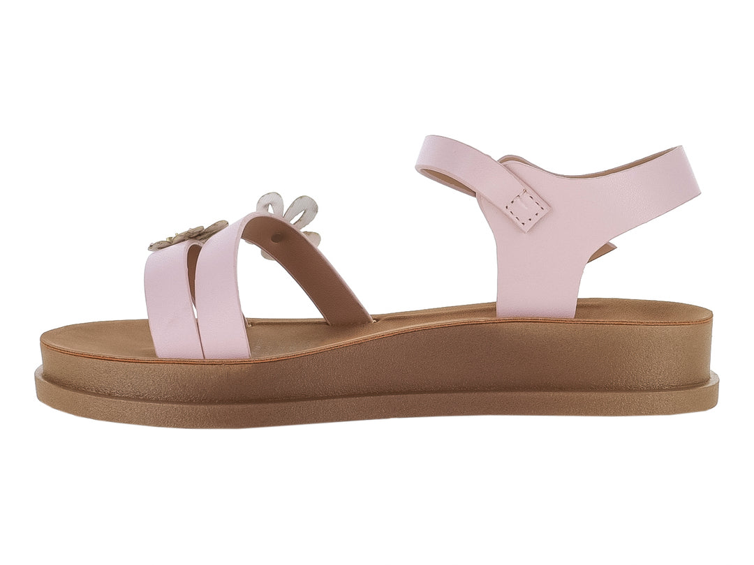 Sandalias color rosa con plataforma café y adornos de flores en la parte frontal.
