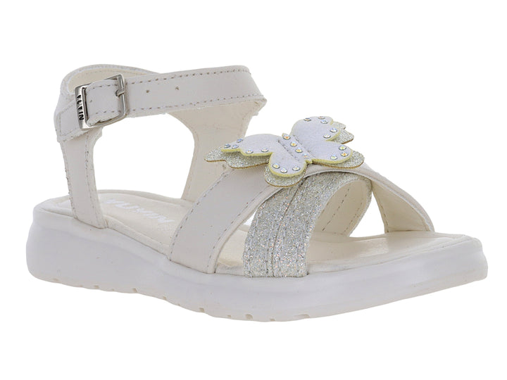 Sandalia blanca para niña con detalle de mariposa brillante y correa ajustable en el tobillo.