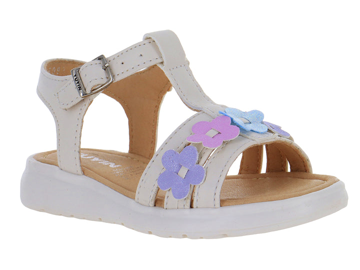 Sandalia blanca para niña con adornos de flores en tonos morado y azul y correa ajustable.