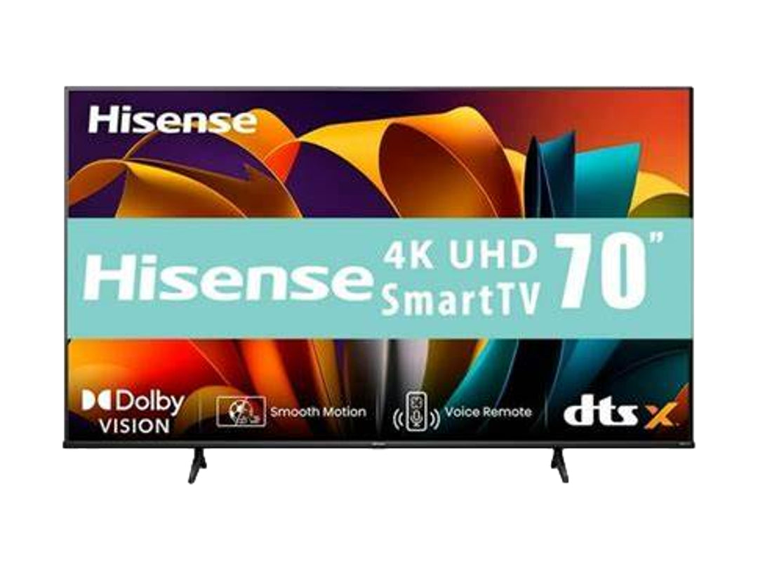 Televisor Hisense de 70 pulgadas, color negro, con pantalla 4K UHD Smart TV y soporte integrado.