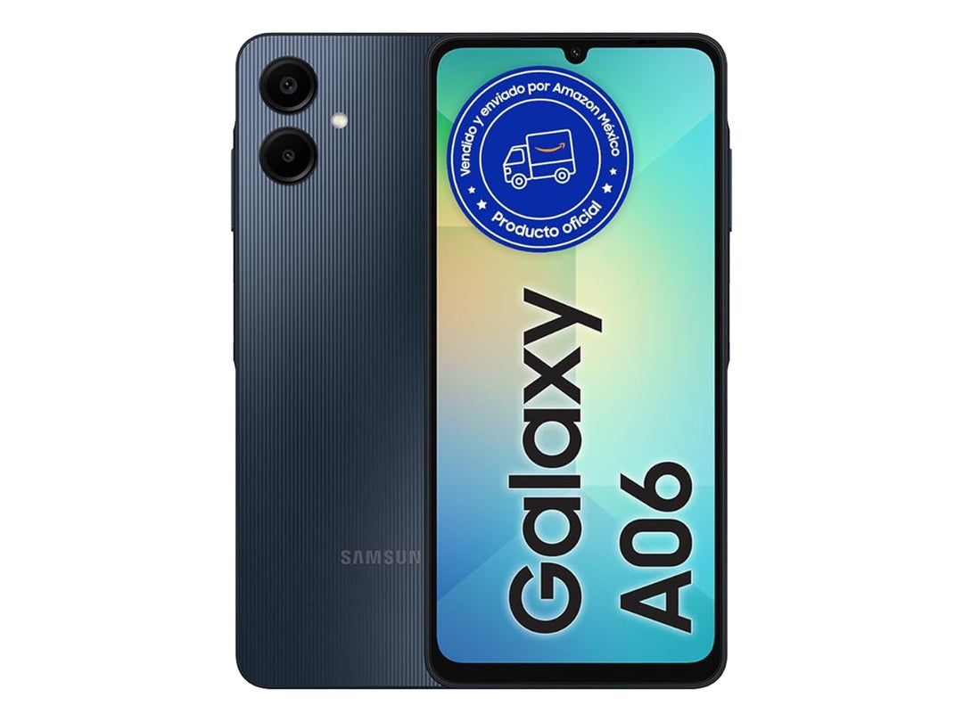 Teléfono inteligente Samsung Galaxy A06 en color negro, vista frontal y posterior.