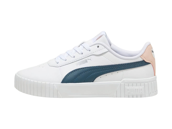 Tenis PUMA blancos con franja azul y detalle rosa en el talón.