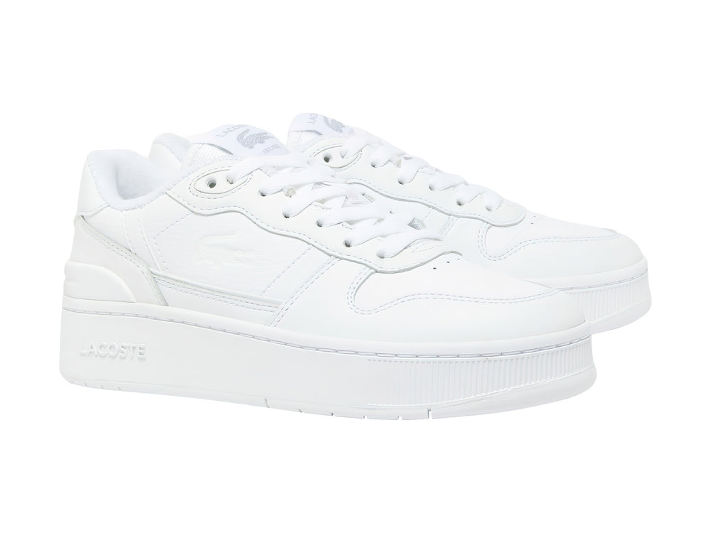 Tenis Lacoste T-Clip color blanco con suela de plataforma y acabado en cuero.