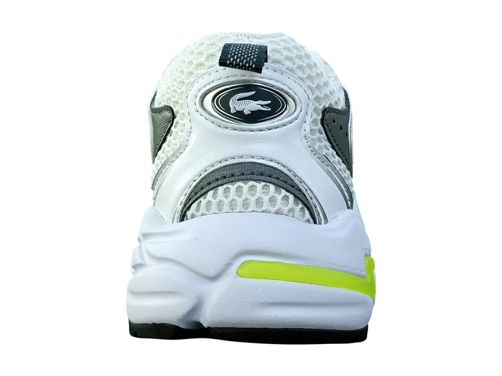 Tenis deportivos Lacoste Storm 96 2K color blanco con detalles en verde y amarillo y paneles de malla.