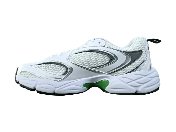 Tenis deportivos Lacoste Storm 96 2K color blanco con detalles en verde y amarillo y paneles de malla.