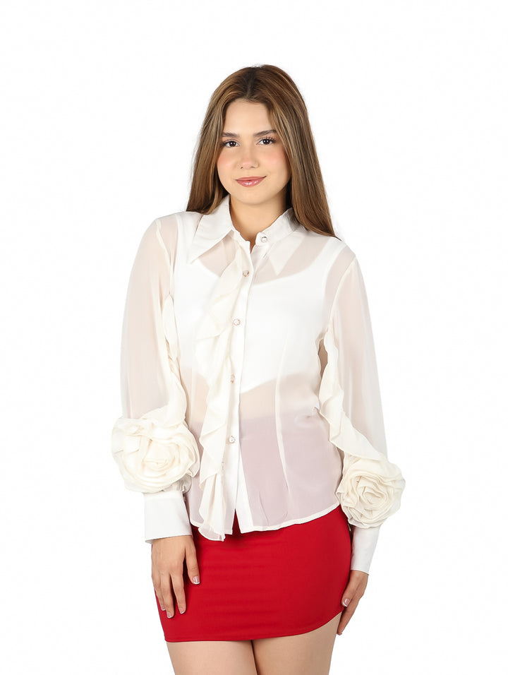 Blusa ATOK Ivory con Flor y Olán para Mujer