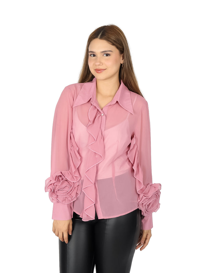 Blusa ATOK Rosa con Flor y Olán para Mujer