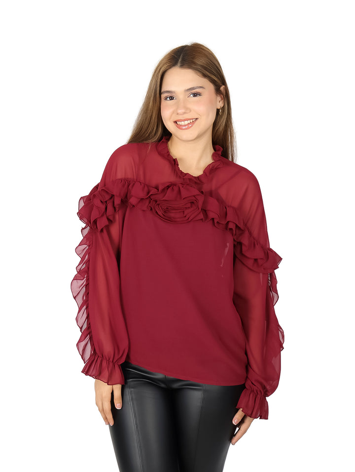 Blusa ATOK Rojo Oscuro con Olanes para Mujer
