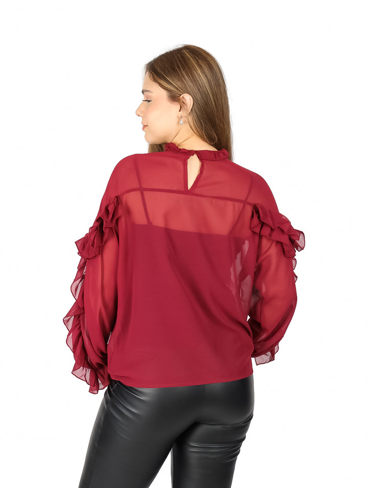 Blusa ATOK Rojo Oscuro con Olanes para Mujer