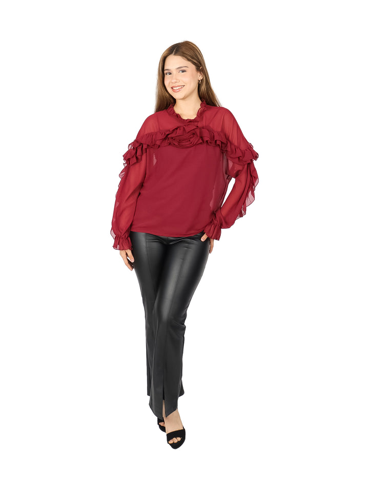 Blusa ATOK Rojo Oscuro con Olanes para Mujer