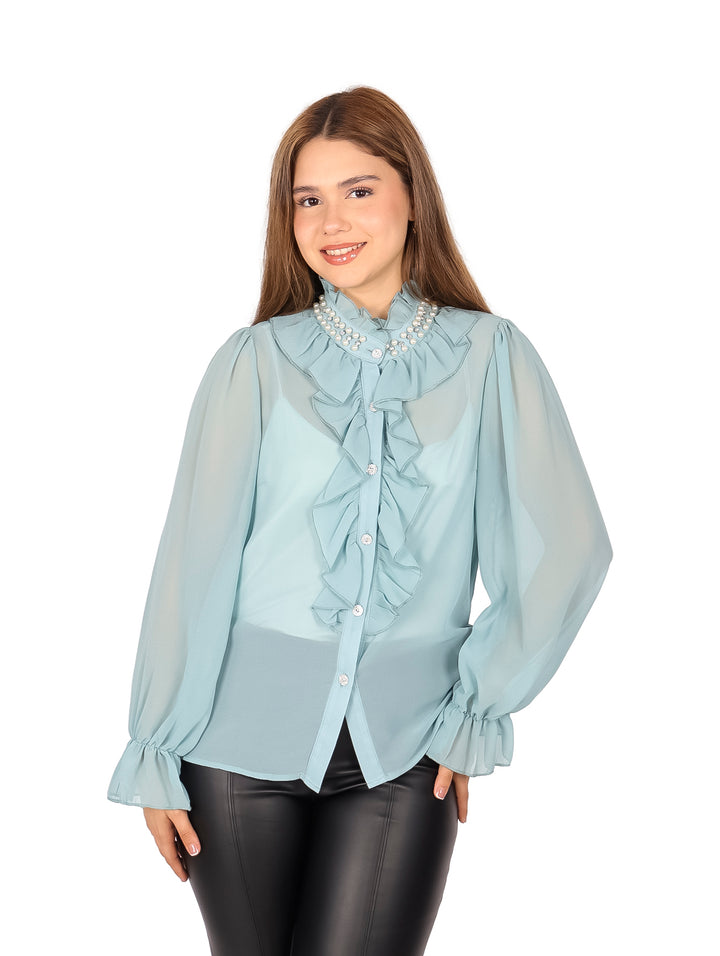Blusa ATOK Azul con Escarolas para Mujer