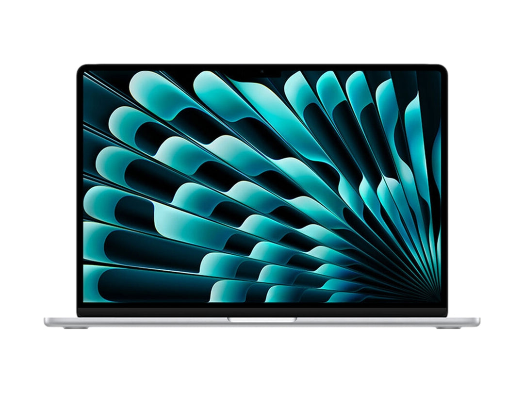 Laptop MacBook Air de Apple color gris con pantalla encendida y fondo abstracto azul