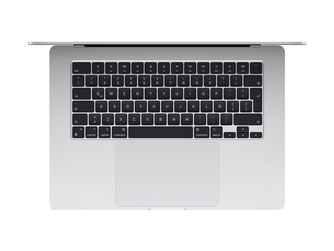 Laptop MacBook Air de Apple color gris con pantalla encendida y fondo abstracto azul