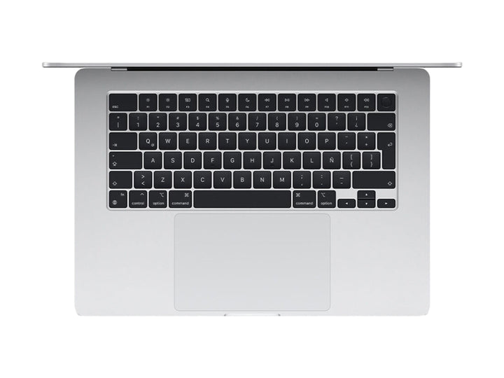 Laptop MacBook Air de Apple color gris con pantalla encendida y fondo abstracto azul