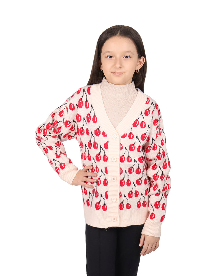 Suéter tejido rosa pastel con estampado de cerezas rojas y botones frontales para niña.