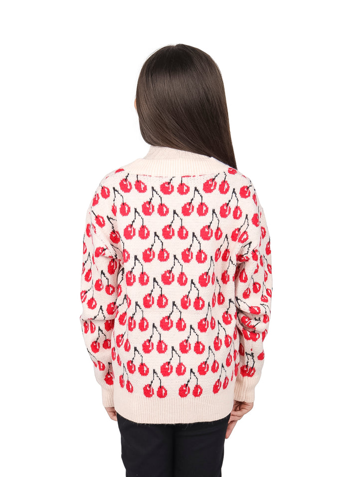Suéter tejido rosa pastel con estampado de cerezas rojas y botones frontales para niña.