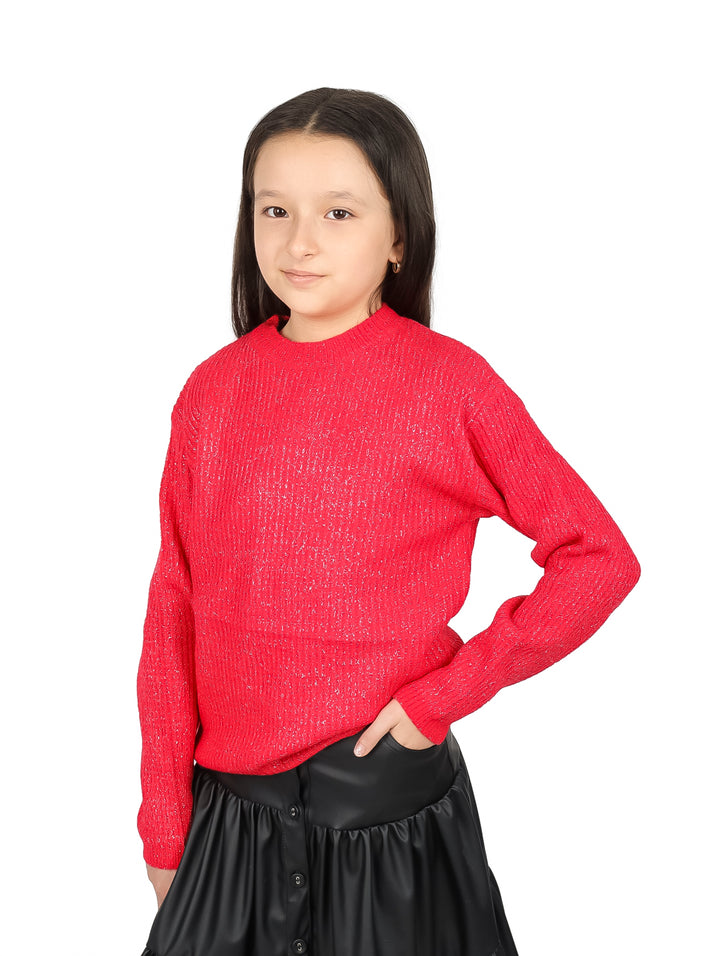 Niña vistiendo un suéter rojo de cuello redondo y manga larga con una falda negra sobre fondo blanco.