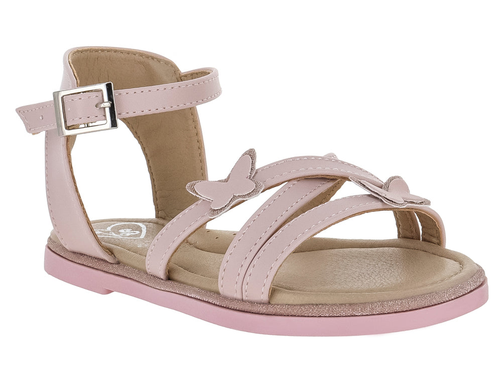 Sandalia infantil color rosa con adornos de mariposa y correa ajustable con hebilla plateada.