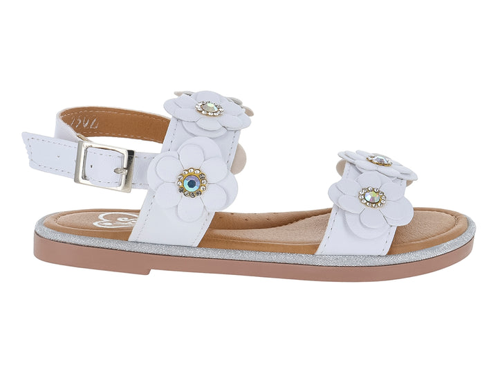 Sandalias blancas para niña con adornos de flores y detalles brillantes en la suela.