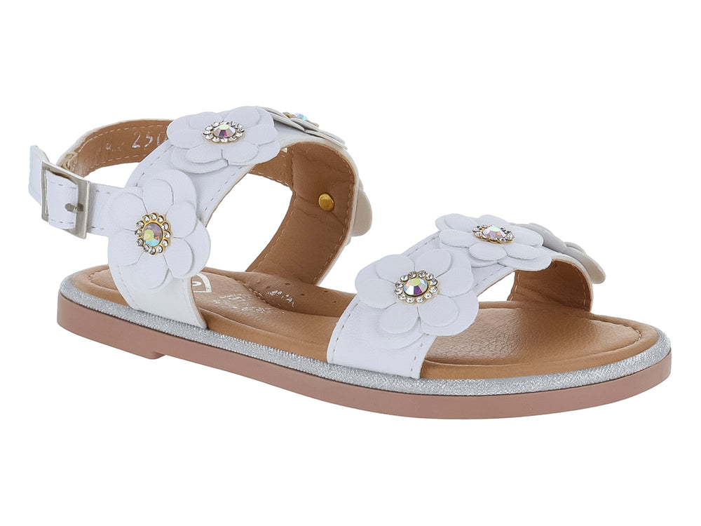 Sandalias blancas para niña con adornos de flores y detalles brillantes en la suela.