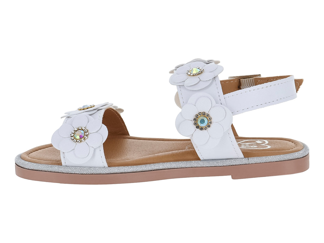 Sandalias blancas para niña con adornos de flores y detalles brillantes en la suela.