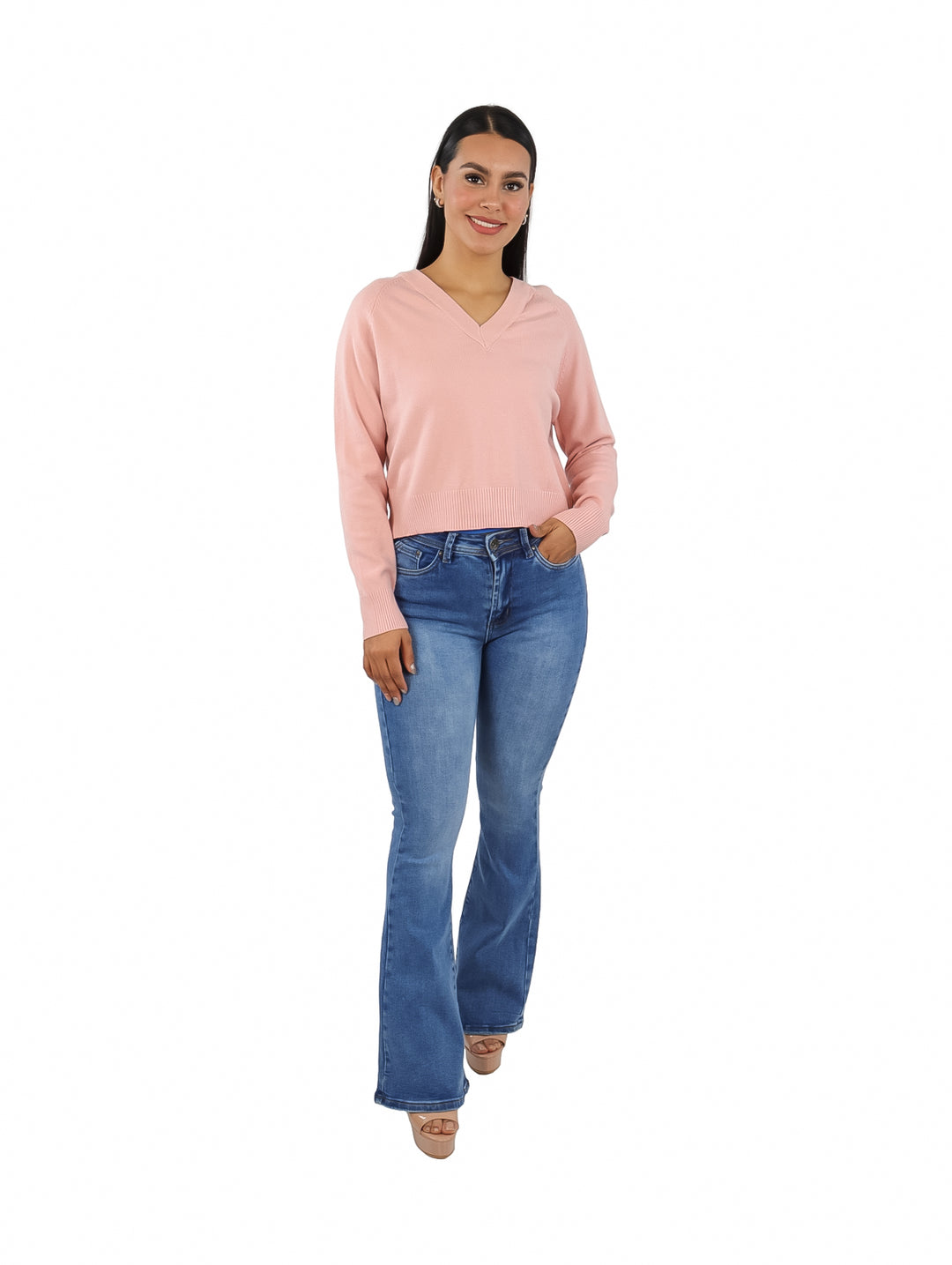 Suéter Tejido ATOK Cuello V Rosa Pastel para Mujer