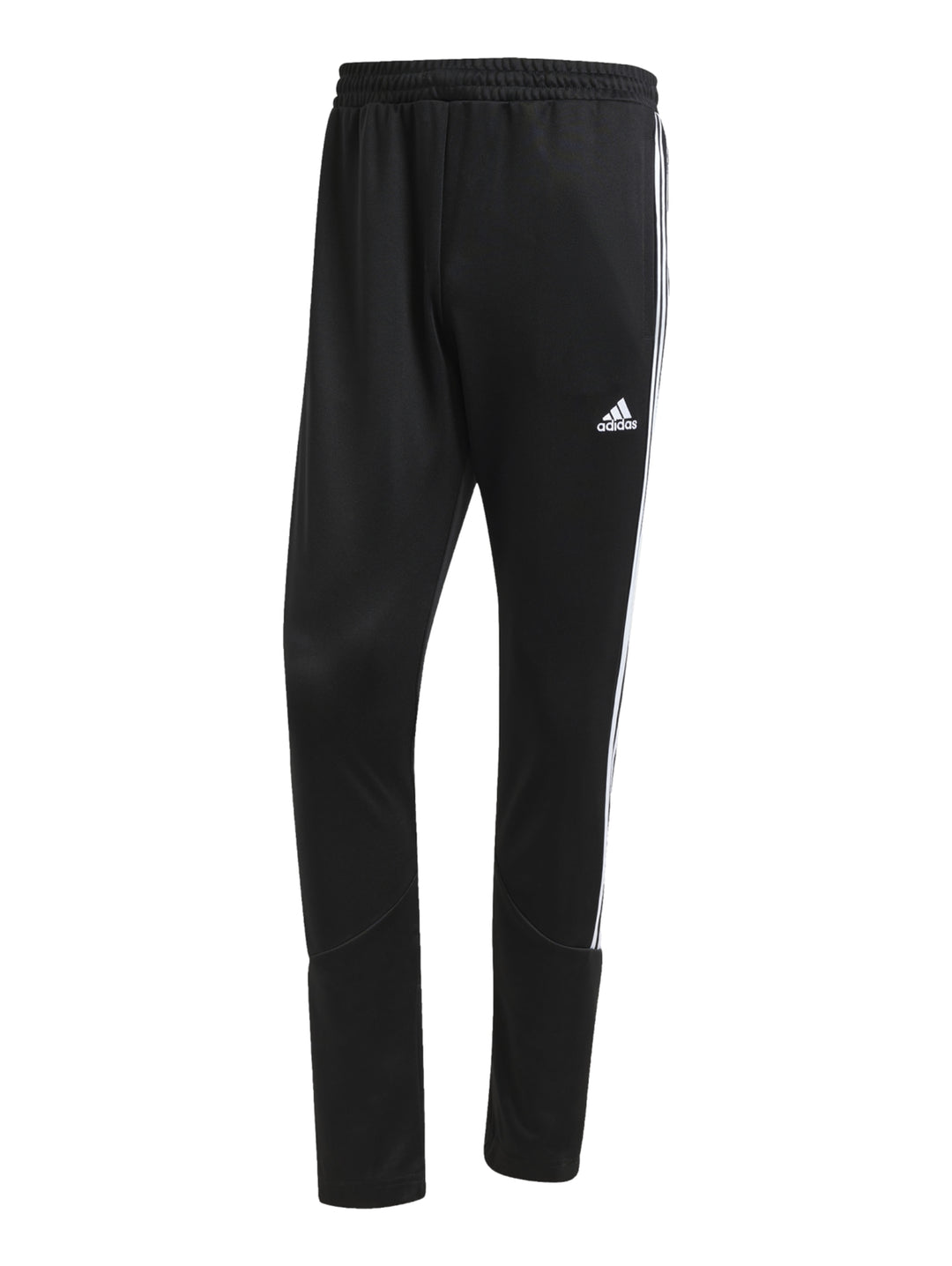 Hombre vistiendo conjunto deportivo Adidas con chaqueta azul y pantalón negro con franjas blancas laterales.