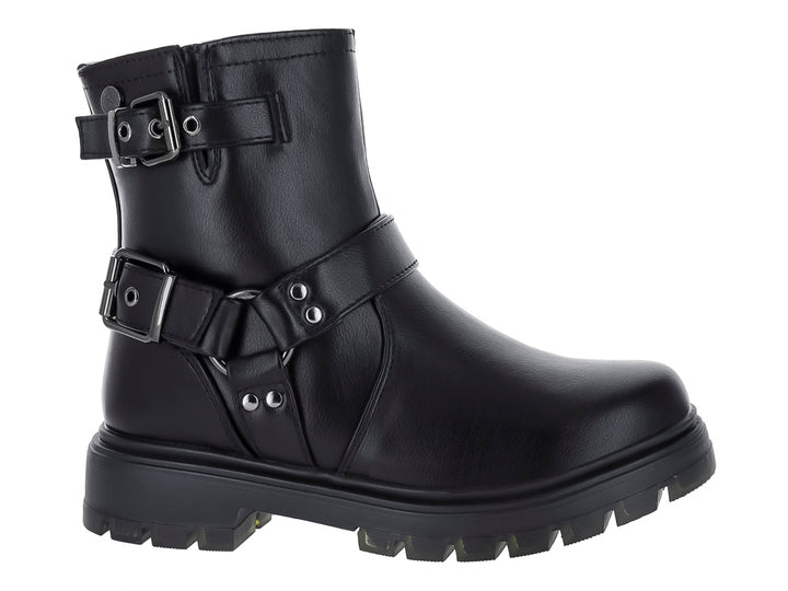 Bota negra de caña corta con hebillas decorativas y suela track gruesa.