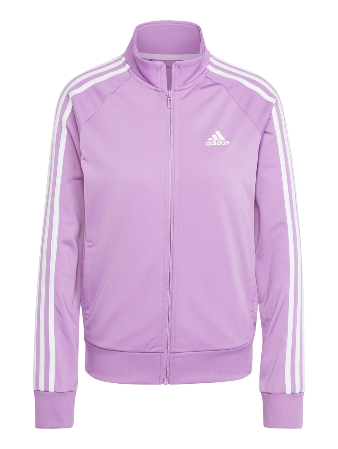 Chaqueta deportiva Adidas de color rosa con rayas blancas en las mangas y cierre frontal.