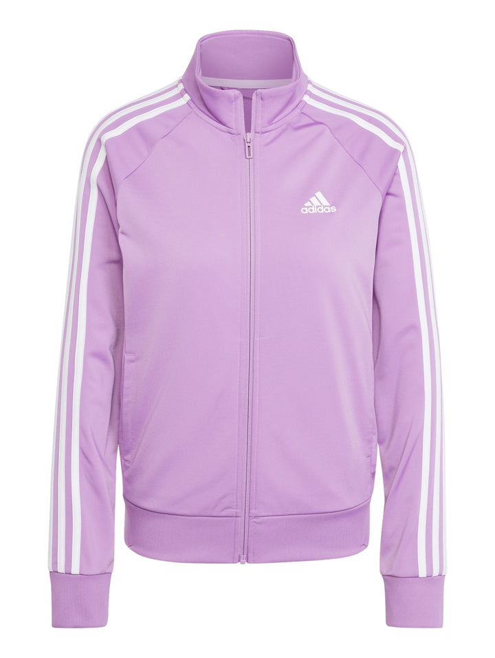 Chaqueta deportiva Adidas de color rosa con rayas blancas en las mangas y cierre frontal.